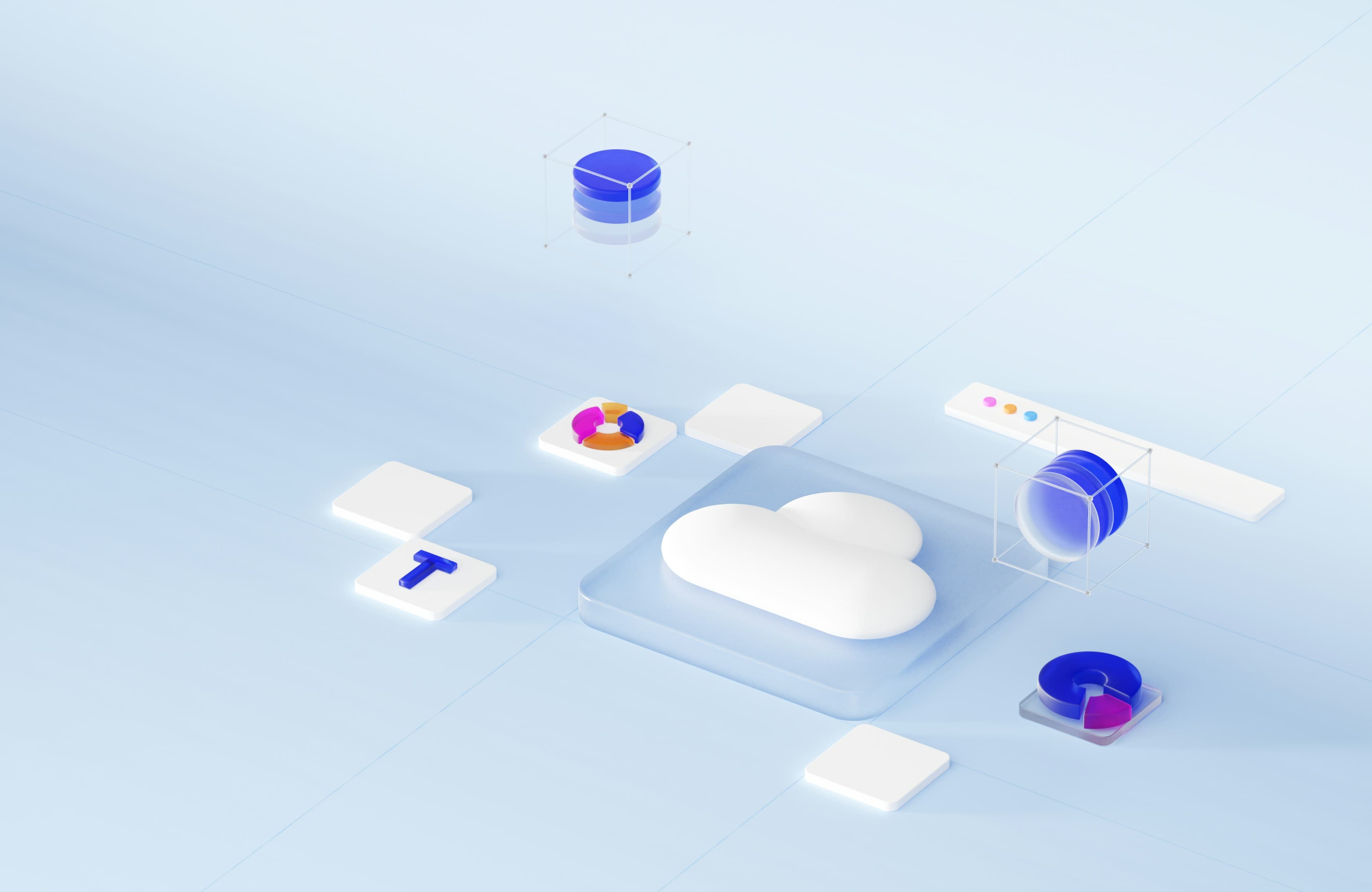 Cloud icon with databases and charts – cloud solutions for businesses in Germany (IaaS, PaaS, SaaS)